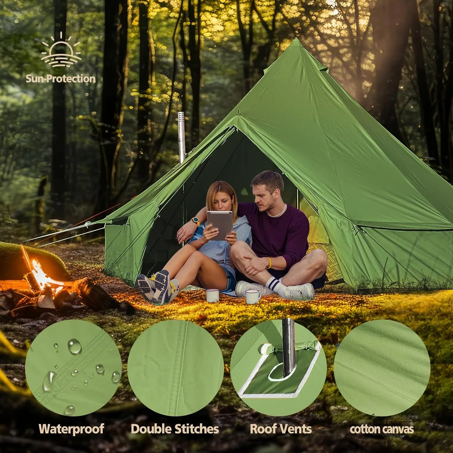 Cotton Canvas Bell Tent, Waterproof Large Tents with Sturdy Center & Door Pole and Space for 4/6/8 Person All 4 Season Camping Yurt Tent