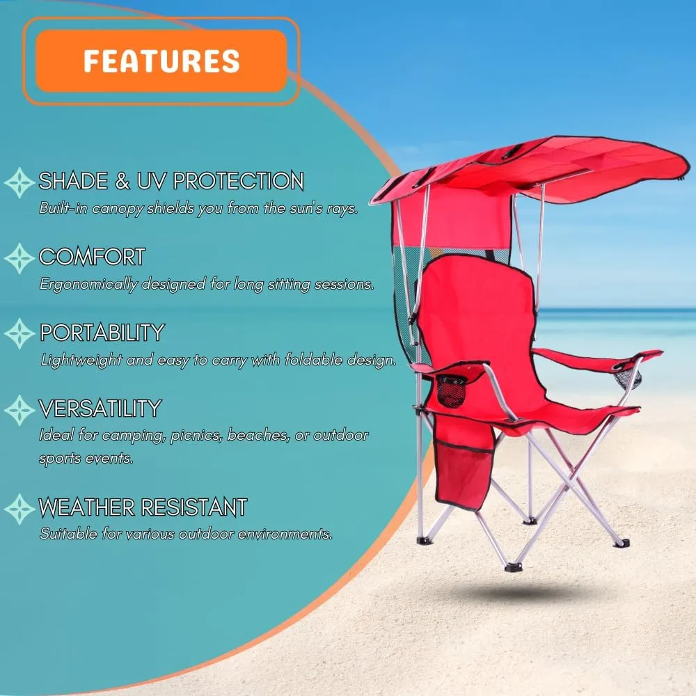 CozyBox Portable Folding Camping Chairs with Canopy Shade, Beach Chair for Adults, Durable Weather Resistant 600D Oxford Cloth, Camping Chair with Canopy for Outdoors [Red]