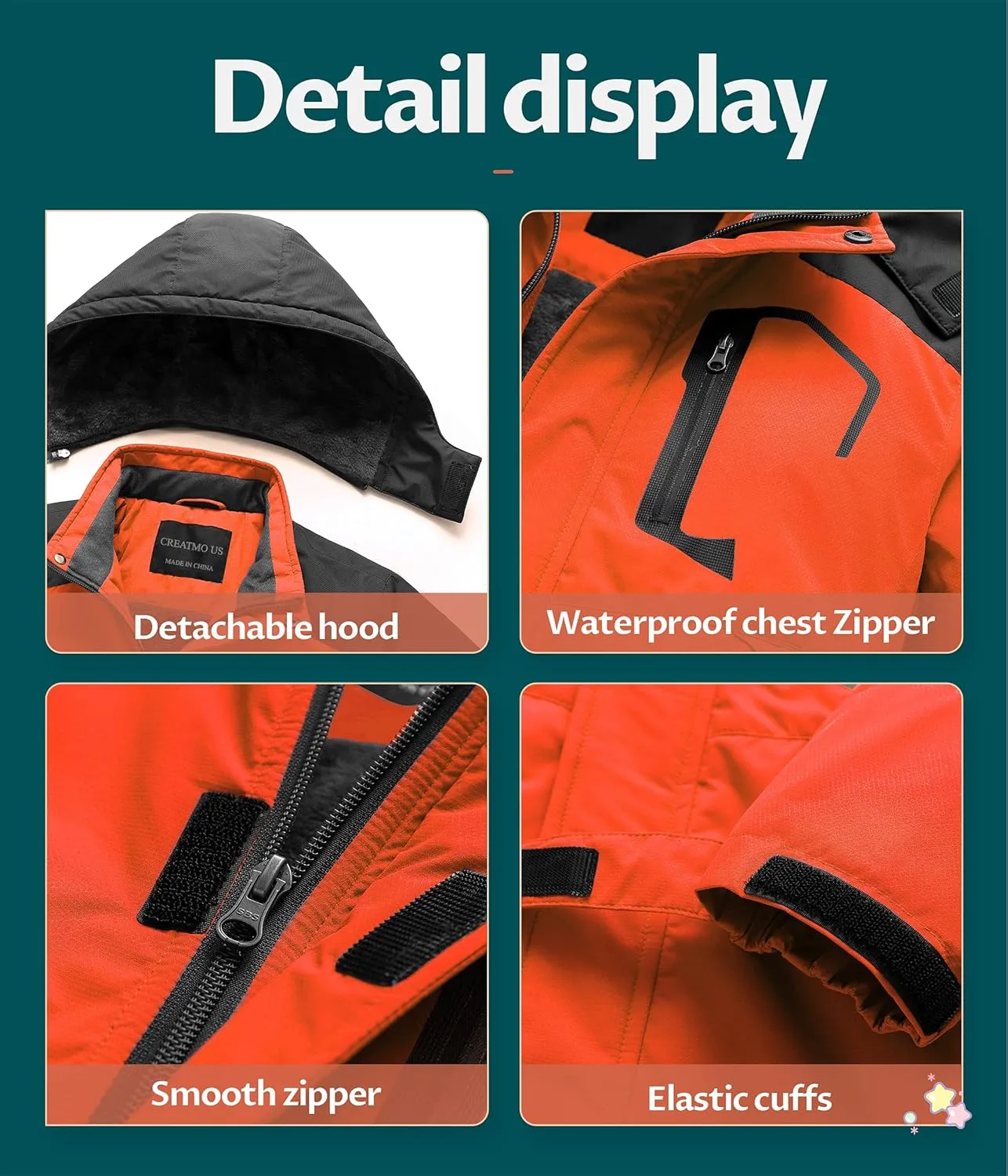 CREATMO US Boy's Waterproof Ski Jacket Warm Winter Snow Coat Windproof Snowboarding Rain Jacket