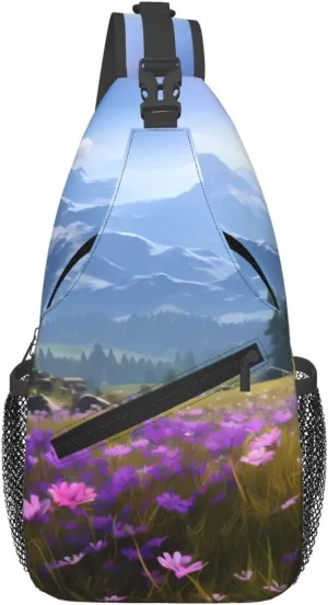 Cross Chest Bag Diagonally for Men and Women - Lightweight and Durable with High Storage Capacity Nature Purple Flowers Meadow Mountain Scenic Printing, Black, One Size