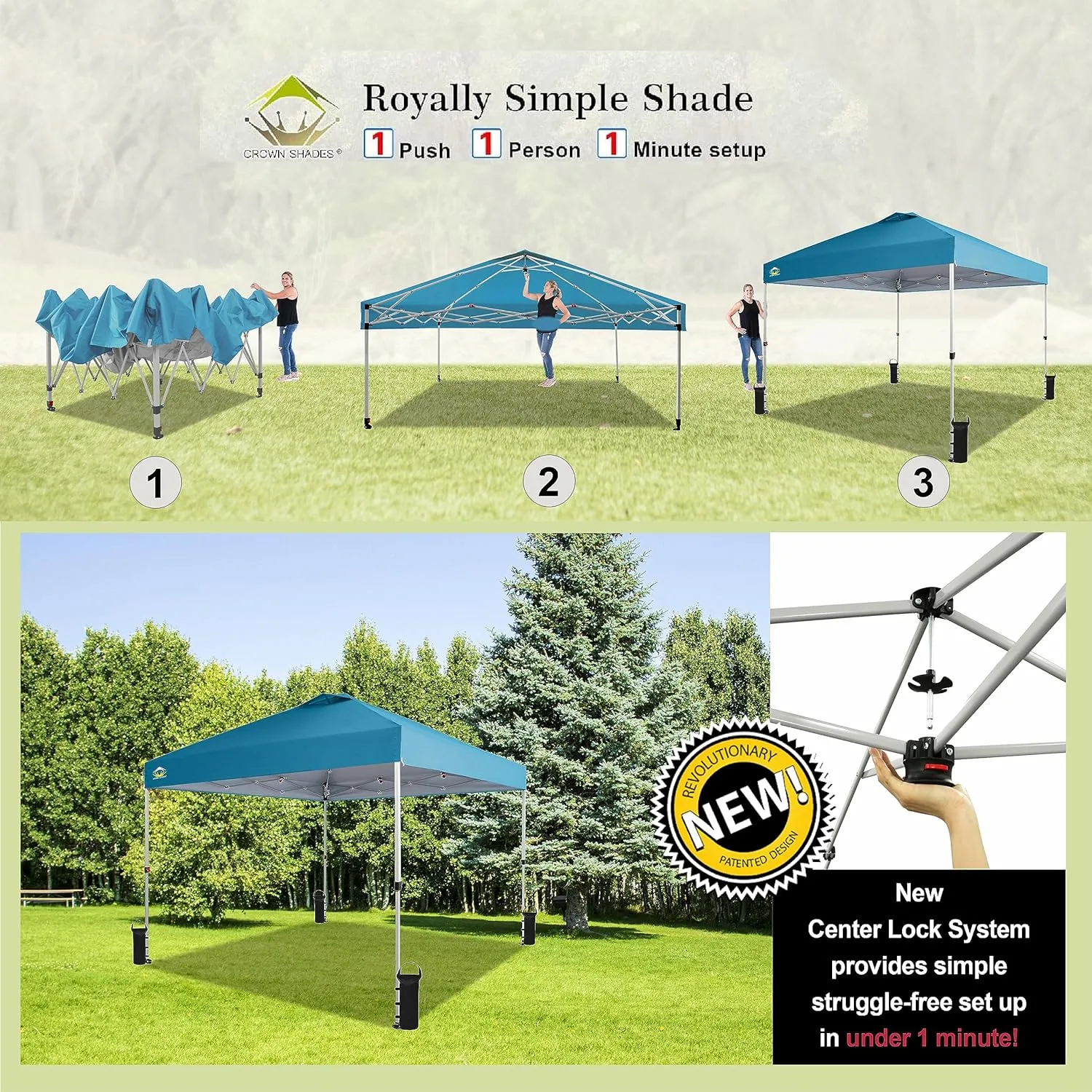 CROWN SHADES 10x10 Pop Up Canopy - Beach Tent with One Push Setup - Easy Outdoor Sun Shade for Events, Parties, Camping - Gazebo with STO-N-Go Cover Bag, Silver Coated Top, Cyan Blue