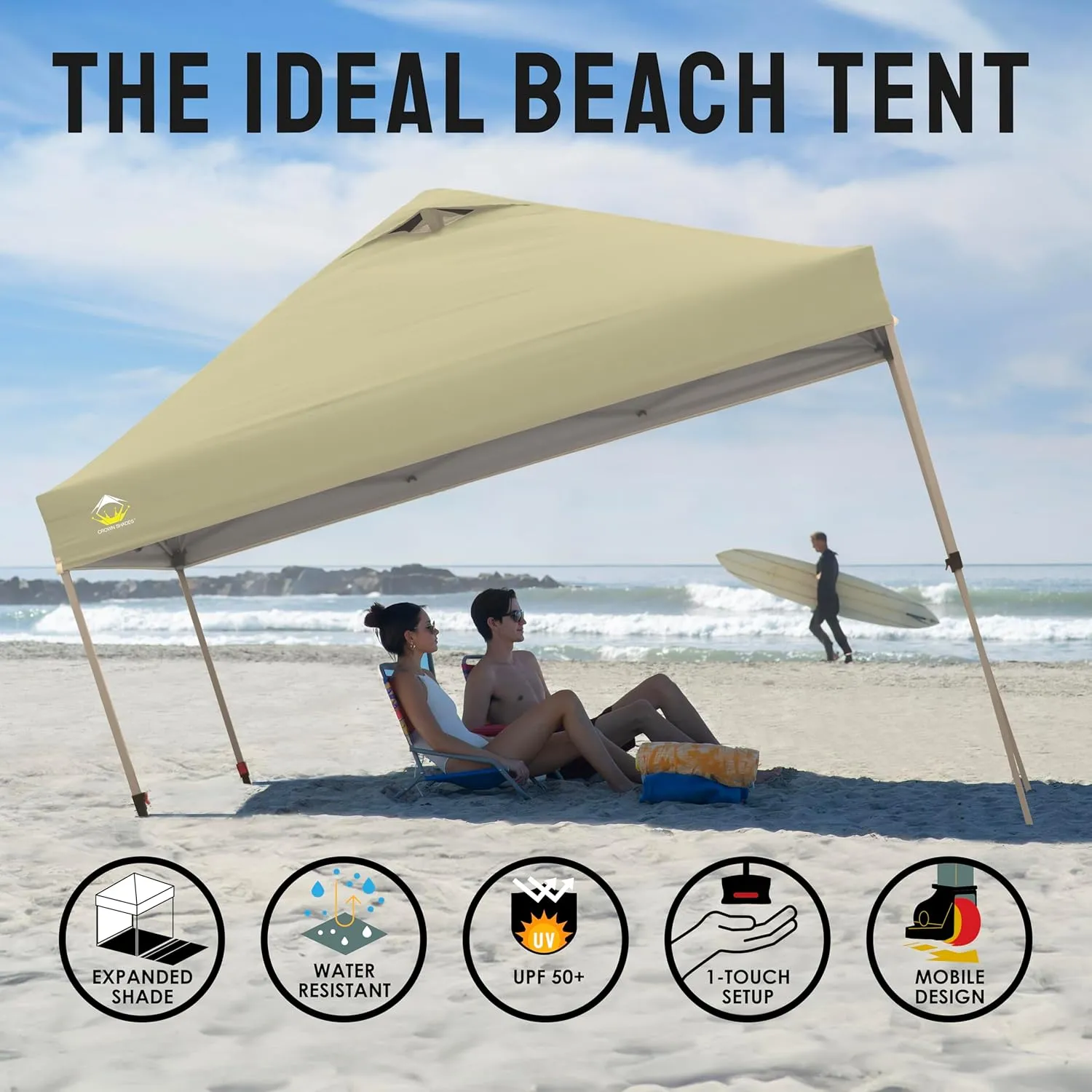 CROWN SHADES 10x10 Pop Up Canopy Tent - Patented Center Lock One Push Instant Outdoor Canopy Beach Tent with STO-N-Go Bag 8 Stakes & 4 Sand Bags，Khaki