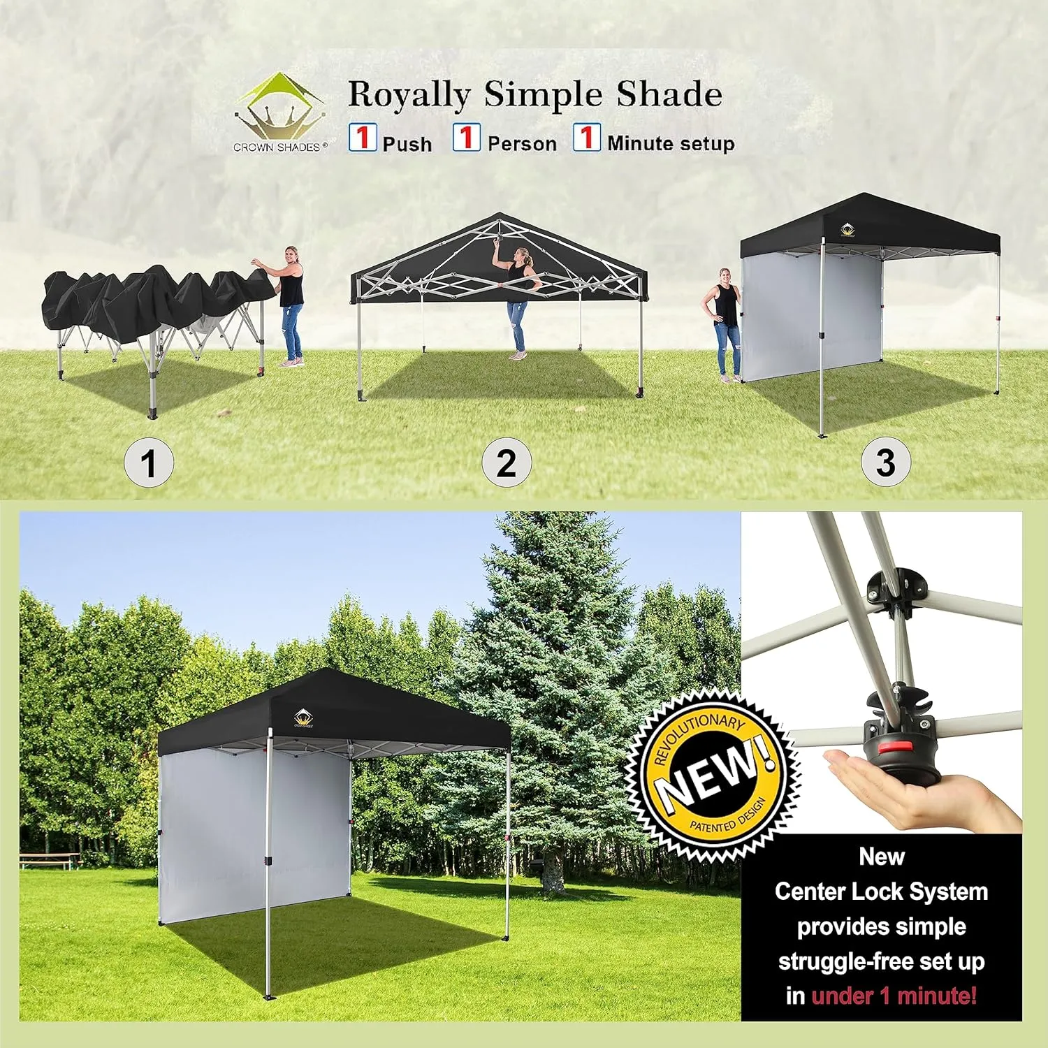 CROWN SHADES 8x8 Pop Up Canopy with 1 Side Wall - Beach Tent with One Push Setup - Outdoor Sun Shade for Events, Parties, Camping - Gazebo with STO-N-Go Cover Bag (Black)