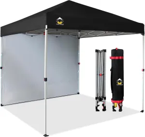 CROWN SHADES 8x8 Pop Up Canopy with 1 Side Wall - Beach Tent with One Push Setup - Outdoor Sun Shade for Events, Parties, Camping - Gazebo with STO-N-Go Cover Bag (Black)
