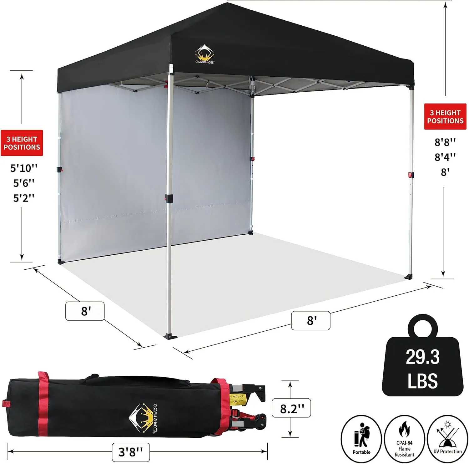 CROWN SHADES 8x8 Pop Up Canopy with 1 Side Wall - Beach Tent with One Push Setup - Outdoor Sun Shade for Events, Parties, Camping - Gazebo with STO-N-Go Cover Bag (Black)