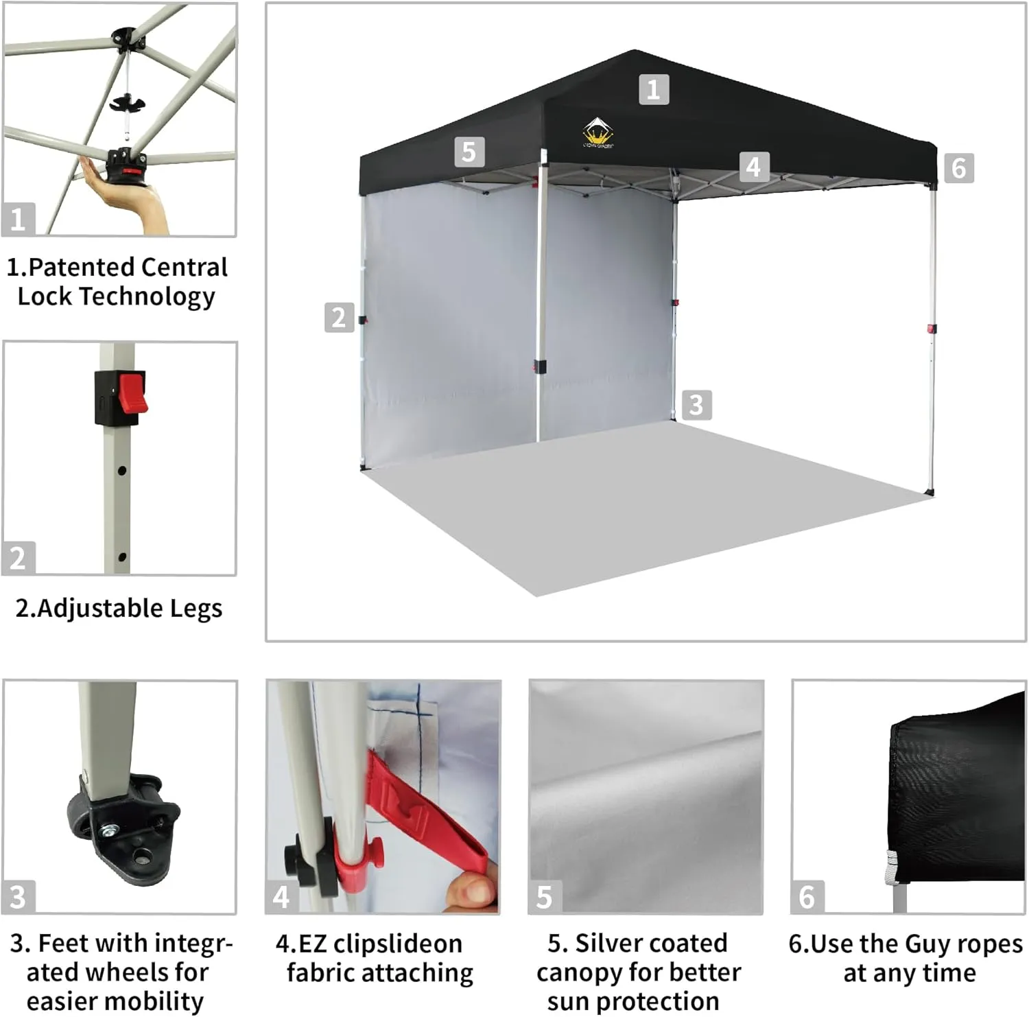 CROWN SHADES 8x8 Pop Up Canopy with 1 Side Wall - Beach Tent with One Push Setup - Outdoor Sun Shade for Events, Parties, Camping - Gazebo with STO-N-Go Cover Bag (Black)