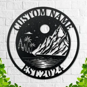 Custom Mountain Metal Sign,Personalized Beach Metal Wall Art,Mountain Beach Camping Wall Decor,Beach Campfire Name Sign,Sunset Beach Nautical Decor,Outdoor Decor Cabin Sign