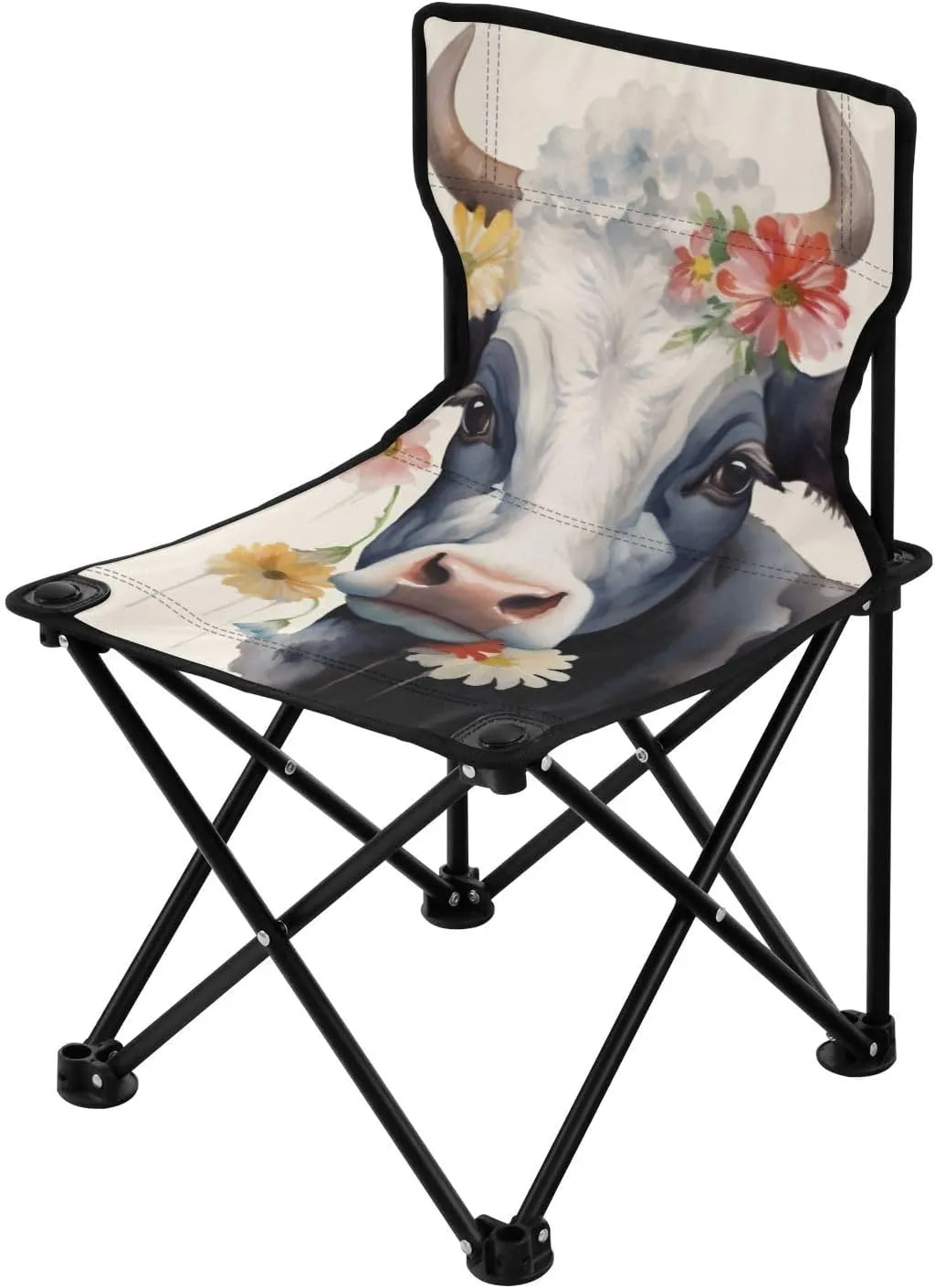 Cute Cow Flowers Portable Outdoor Folding Chair Anti-Slip Padded Oxford Cloth Stool Camping Chair Small for Beach Hiking Fishing Gardening Quad Camp Chair