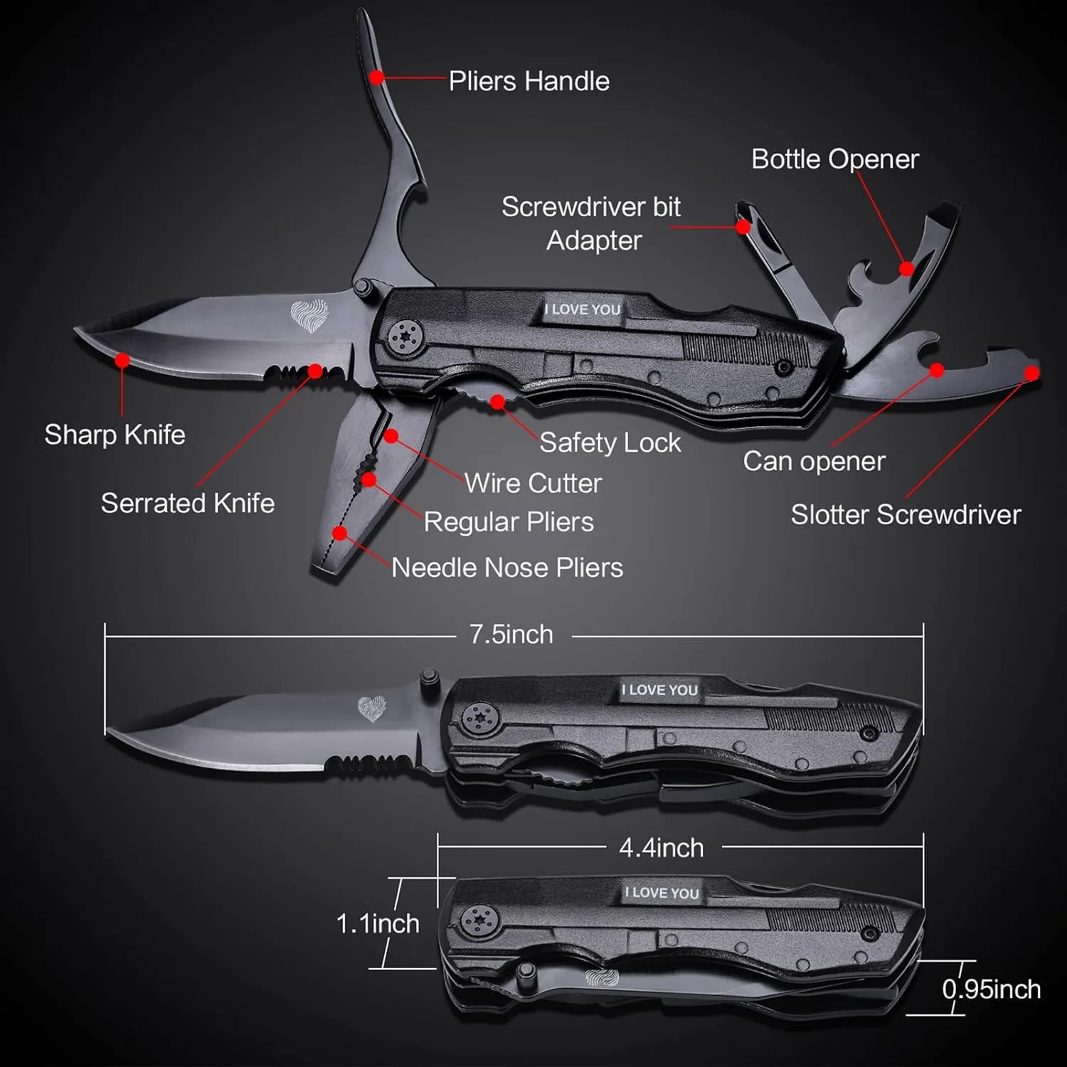 Dad Gifts for Fathers Day from Daughter, Wife, Multitool Pocket Knife for Men, Multi Tool Tactical Plier With Nylon Sheath, Mens Gifts Ideas 'I LOVE YOU'