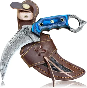 Damascus steel Handmade Knife, Survival claw Tactical teeth Knife Double edged sharp, Fixed Blade Knife With Sheath, Curved knife