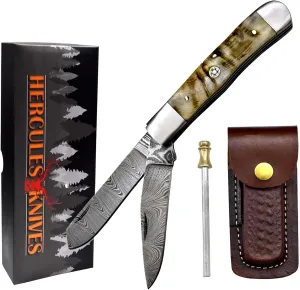Damascus Steel Pocket Folding Knife, Trapper folding knife, Knife Leather Sheath, Custom Hand Forged knives for Outdoor Survival Hunting, Camping, edc & Hiking, Edge Sharpner Rod (RAMS HORN HANDLE)