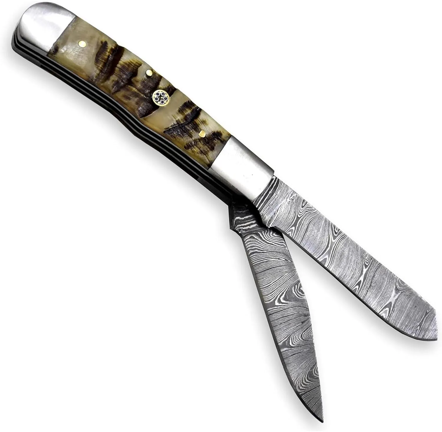Damascus Steel Pocket Folding Knife, Trapper folding knife, Knife Leather Sheath, Custom Hand Forged knives for Outdoor Survival Hunting, Camping, edc & Hiking, Edge Sharpner Rod (RAMS HORN HANDLE)