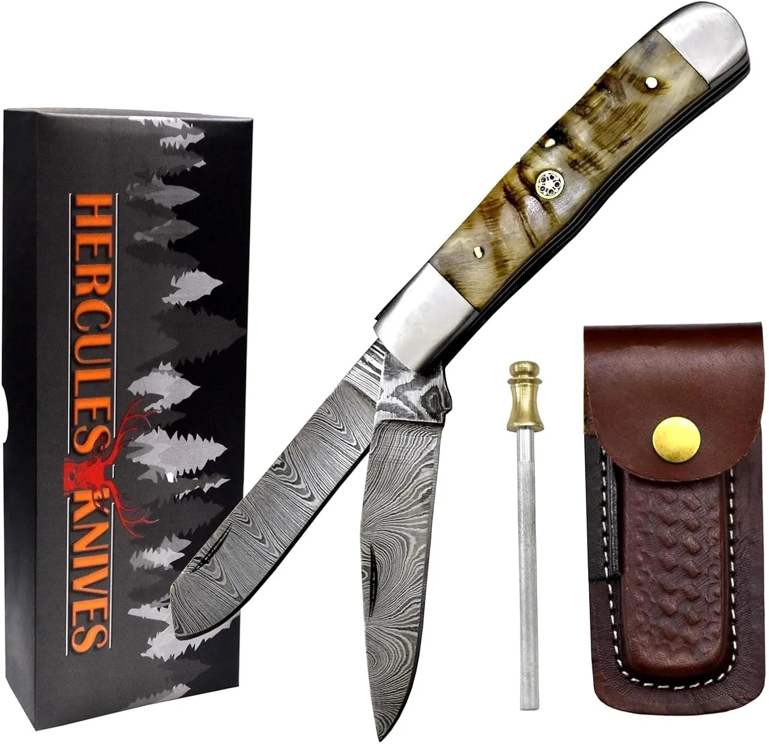 Damascus Steel Pocket Folding Knife, Trapper folding knife, Knife Leather Sheath, Custom Hand Forged knives for Outdoor Survival Hunting, Camping, edc & Hiking, Edge Sharpner Rod (RAMS HORN HANDLE)
