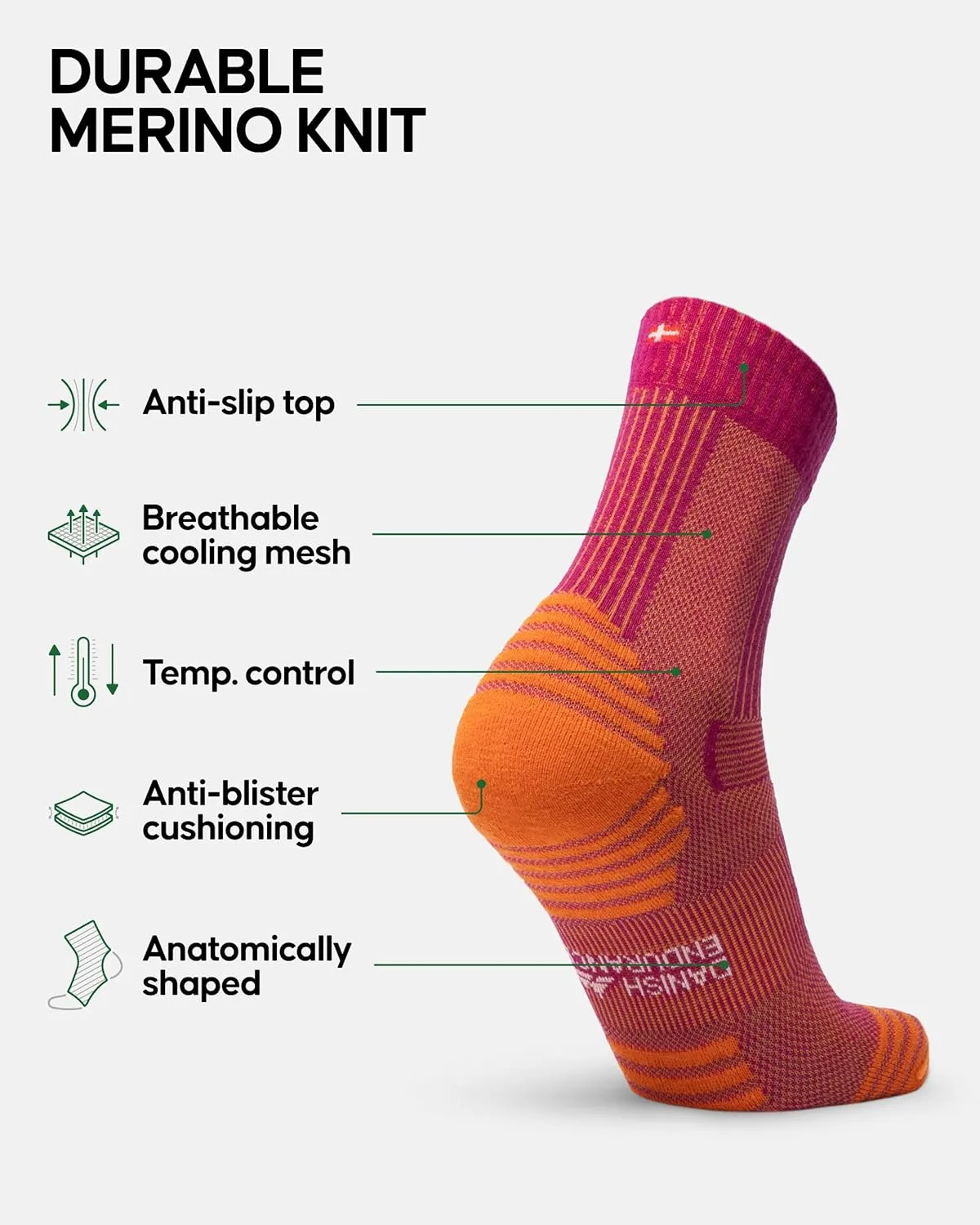 DANISH ENDURANCE Merino Wool Light Hiking Socks, Cushioned & Moisture Wicking Hiking Socks, Men, Women & Kids, 3 or 5 Pack