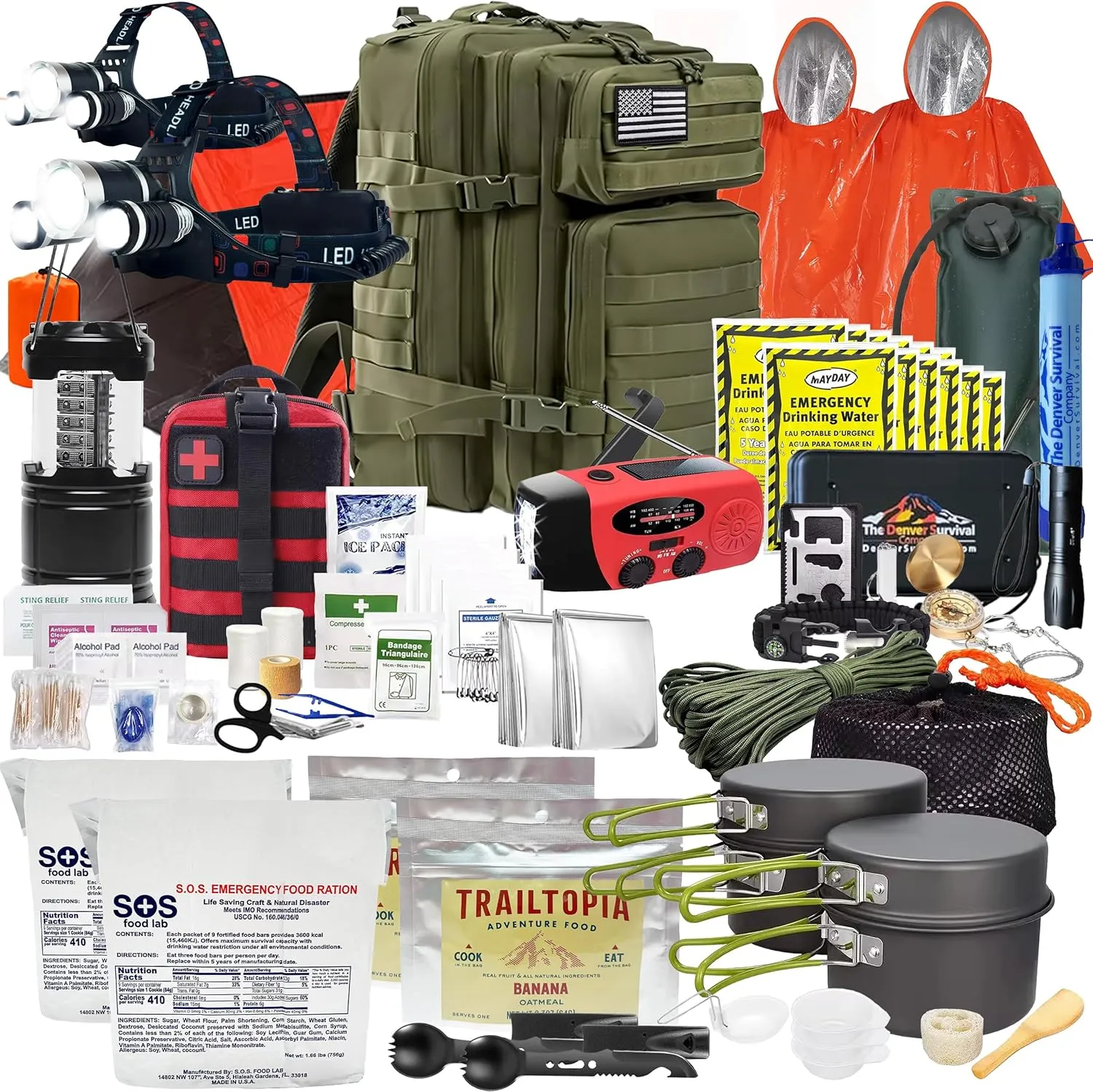 Denver: Premium 72 Hour Survival Backpack with Supplies - Bug Out Bag Backpack - Upgraded Go Bag Emergency Backpack w/Complete Tactical Survival Kit - Bug Out Bag Survival Kit for 2 (Green)