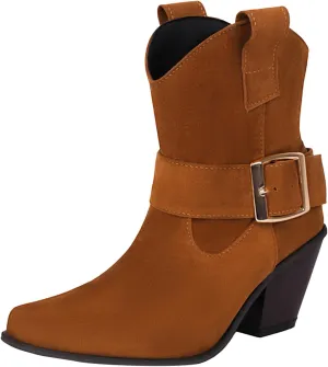 DIYCAM Women's Faux Suede Slouch Chunky Low Heel Boots Buckle Strap Faux Suede Mid Calf Boots Classic Stacked Heel Adjustable Ankle Straps with Buckle