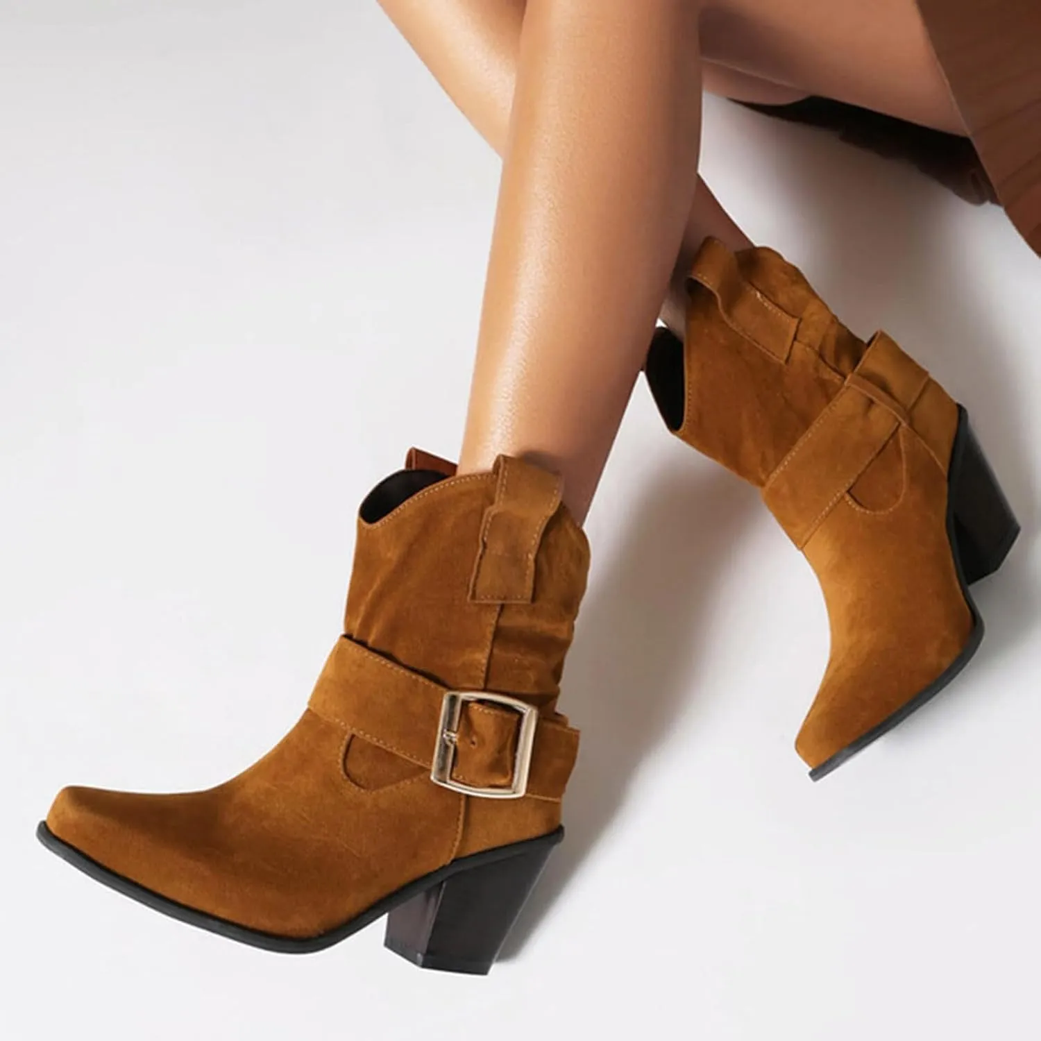 DIYCAM Women's Faux Suede Slouch Chunky Low Heel Boots Buckle Strap Faux Suede Mid Calf Boots Classic Stacked Heel Adjustable Ankle Straps with Buckle