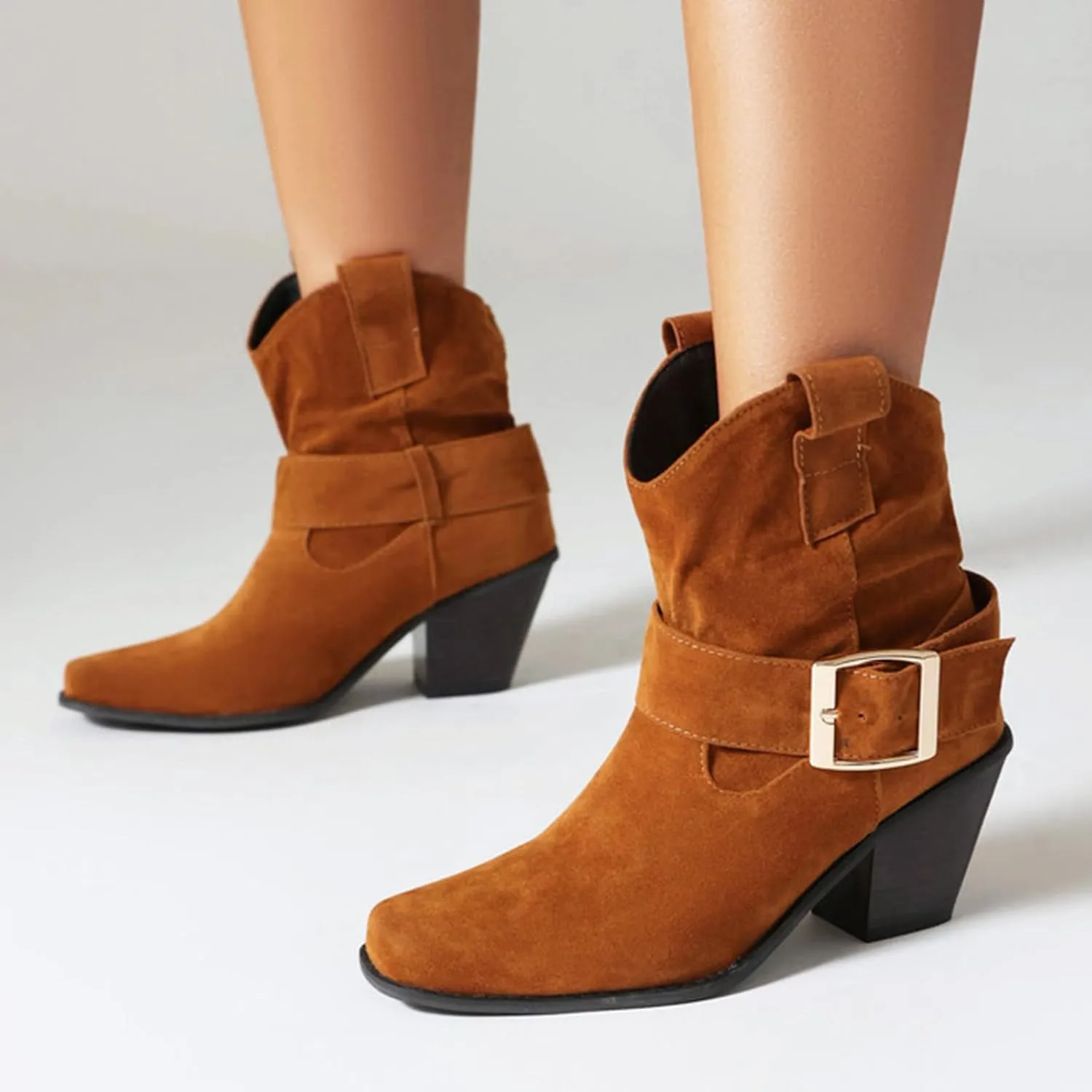DIYCAM Women's Faux Suede Slouch Chunky Low Heel Boots Buckle Strap Faux Suede Mid Calf Boots Classic Stacked Heel Adjustable Ankle Straps with Buckle
