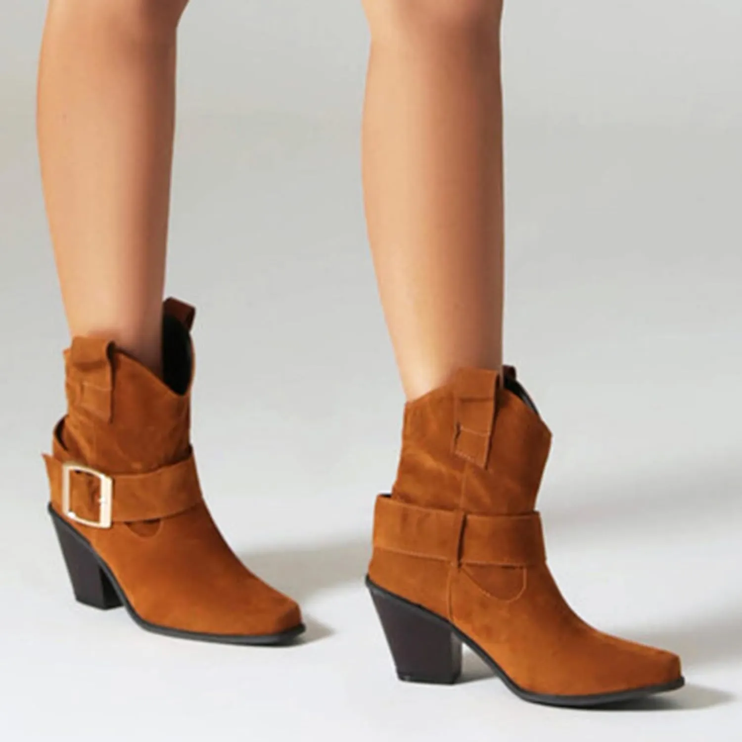 DIYCAM Women's Faux Suede Slouch Chunky Low Heel Boots Buckle Strap Faux Suede Mid Calf Boots Classic Stacked Heel Adjustable Ankle Straps with Buckle