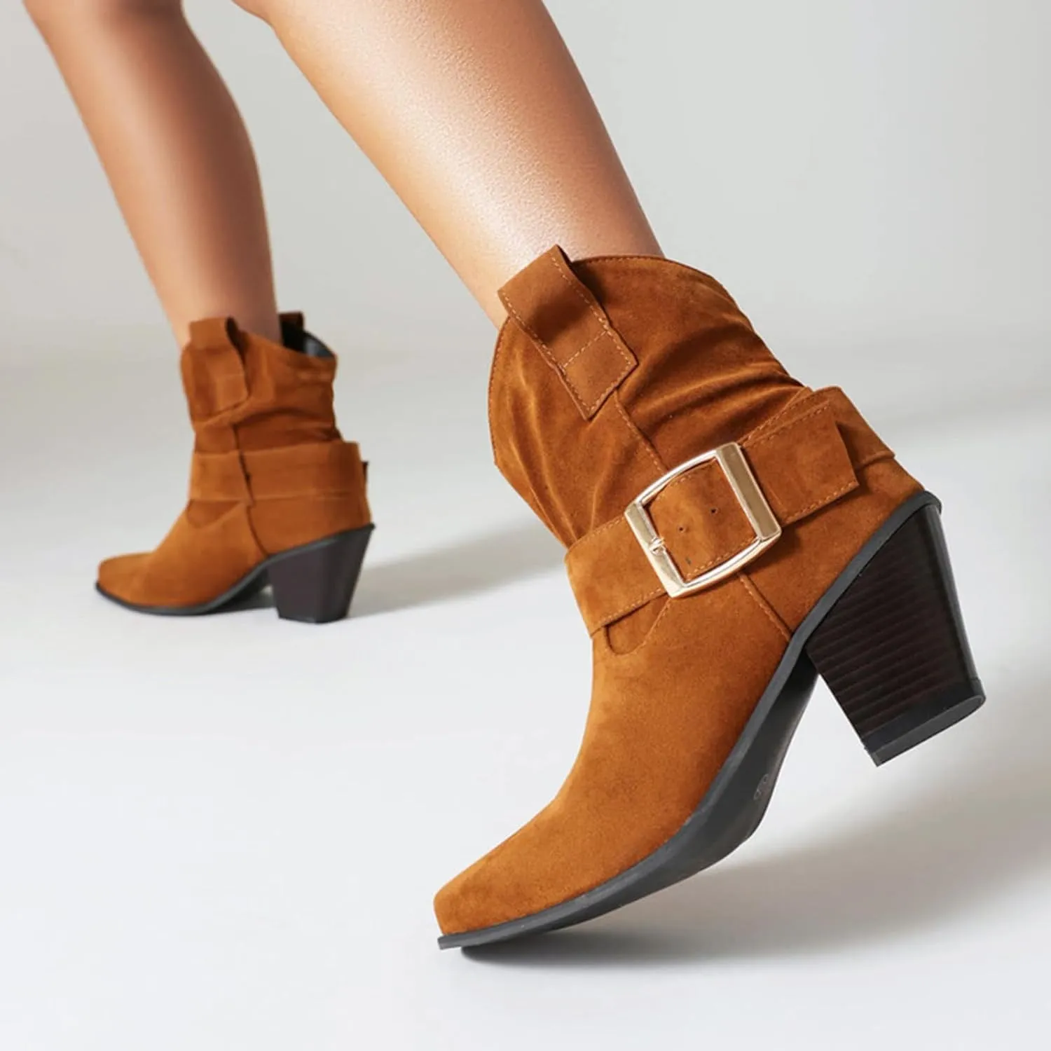 DIYCAM Women's Faux Suede Slouch Chunky Low Heel Boots Buckle Strap Faux Suede Mid Calf Boots Classic Stacked Heel Adjustable Ankle Straps with Buckle