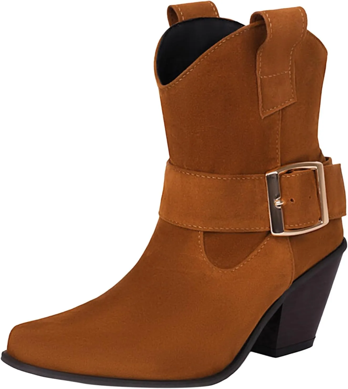 DIYCAM Women's Faux Suede Slouch Chunky Low Heel Boots Buckle Strap Faux Suede Mid Calf Boots Classic Stacked Heel Adjustable Ankle Straps with Buckle