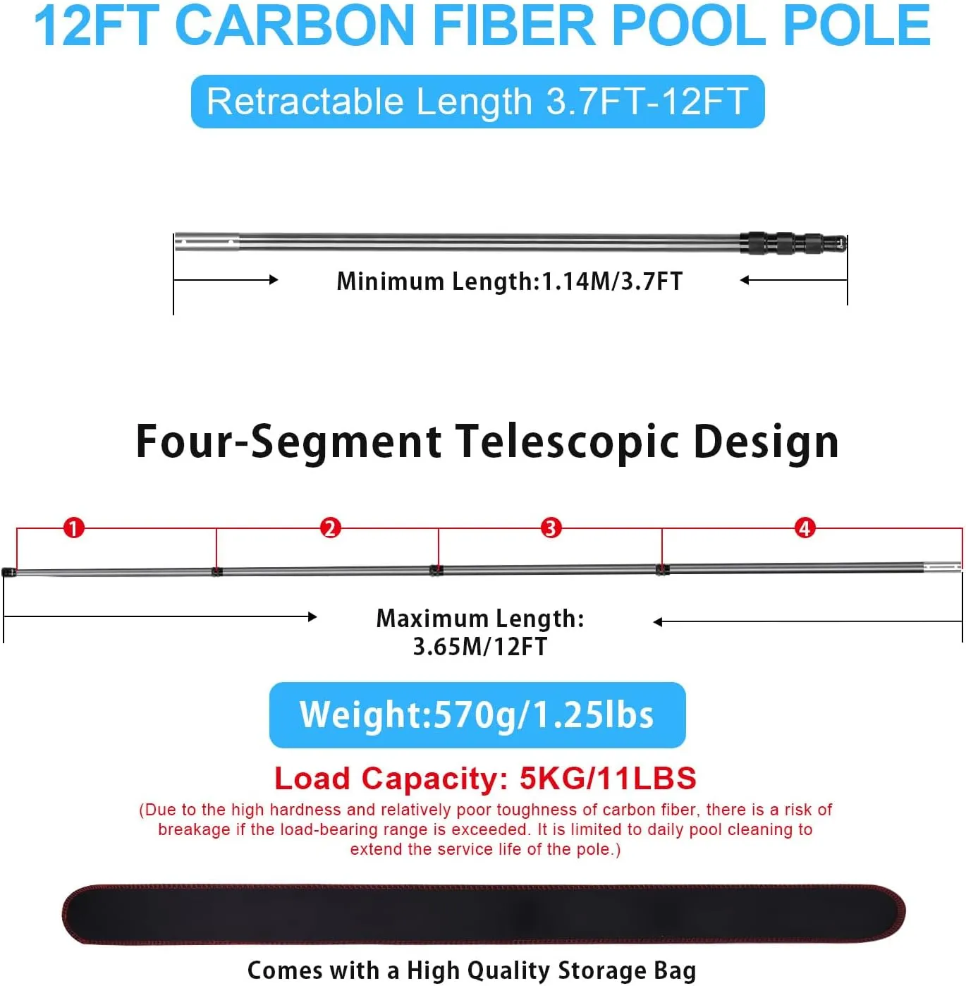 DOBEN Carbon Fiber Pool Pole Telescopic, Professional Ultralight Pool Poles 3.7 to 12 FT, Telescoping Lightweight Pool Cleaning Pole, Heavy Duty Pool Pole for Skimmer Net, Brush, Vacuum Head 12FT