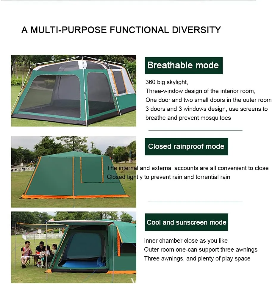Dome Tent with Porch Automatic Pop Up Tent Sun Shelter Easy Set Up Double Layer Family Camping Tents with Carrying Bag for Outdoor Camping, Fishing, BBQ (Coffee Color 5) (Green 5)