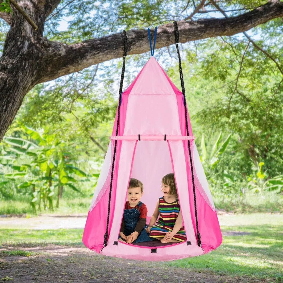 DORTALA Kids Hanging Chair Swing Tent Set, Hammock Nest Pod Hanging Swing Seat for Boys/Girls, Children Swing Play House with Detachable Play Tent, Max Capacity 330 LBS, 40", Pink