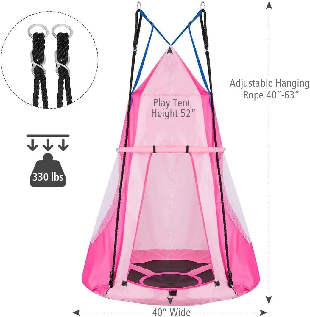 DORTALA Kids Hanging Chair Swing Tent Set, Hammock Nest Pod Hanging Swing Seat for Boys/Girls, Children Swing Play House with Detachable Play Tent, Max Capacity 330 LBS, 40", Pink