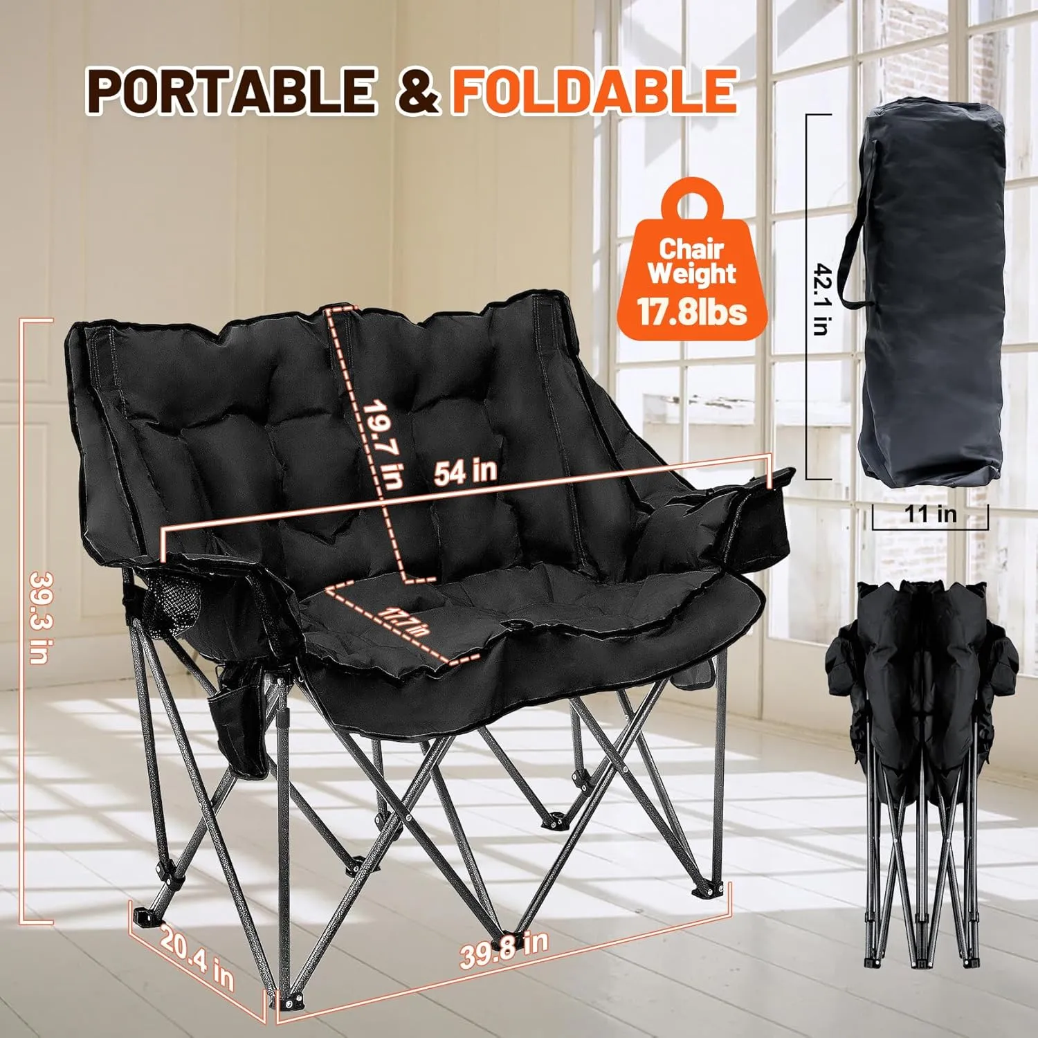 Double Heated Camping Chair, Fully Padded Loveseat Camping Chair w/ 1x Cup Holder, 1x Ice Bag, 2 Person Camping Couch Heated for Outdoor, Sports, Patio, Supports 600lbs, Black, No Power Bank