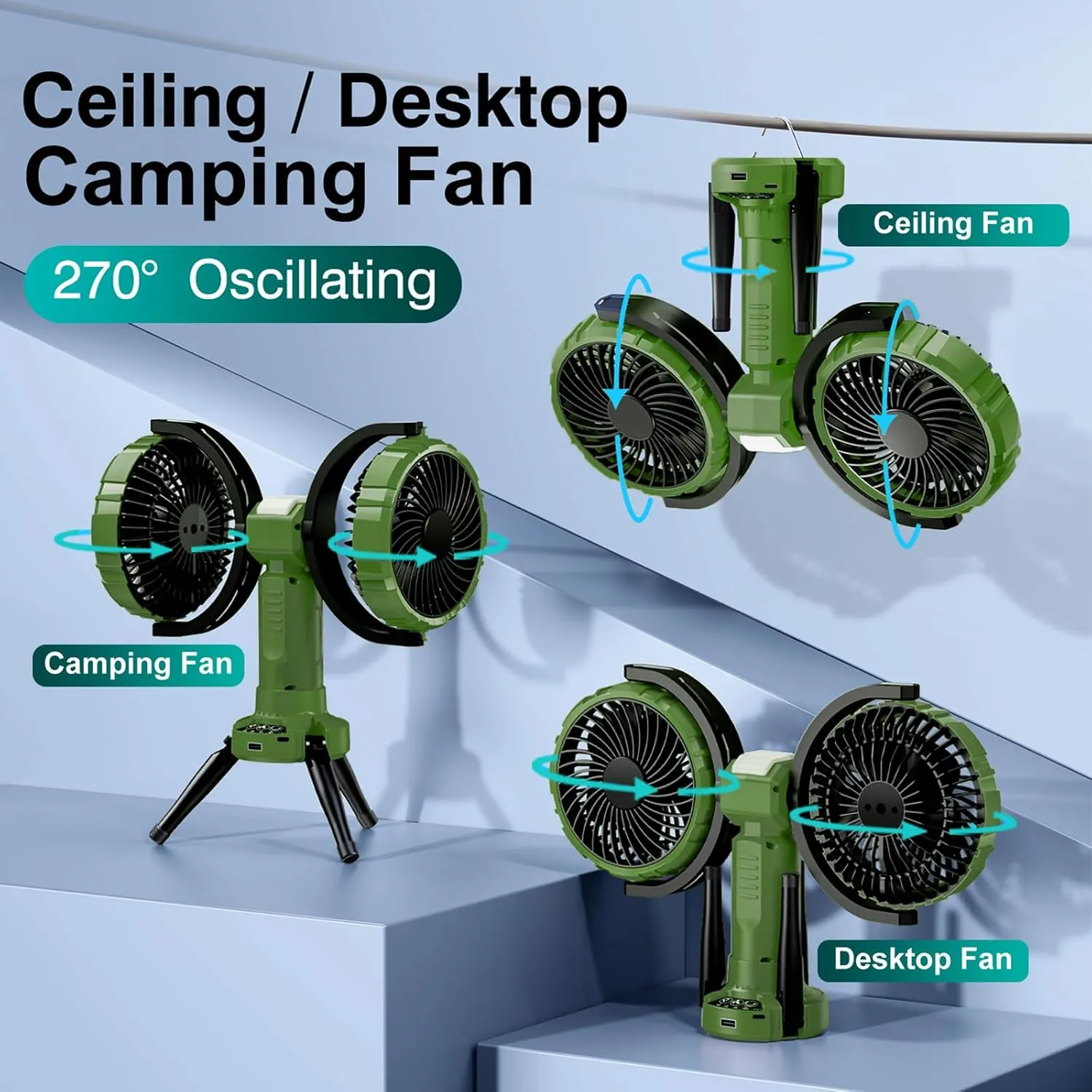 Double Oscillating Fan for Camping With Led Lantern, 10000mAh Rechargeable Multifunctional Camping Tent Fan with Hanging Hook for Outdoor, Tent, Travel, Picnic,Bedroom-Army Green