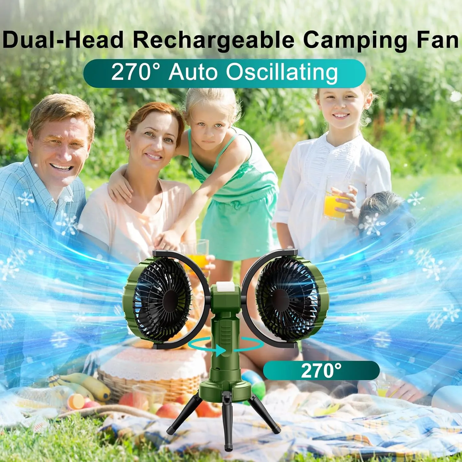Double Oscillating Fan for Camping With Led Lantern, 10000mAh Rechargeable Multifunctional Camping Tent Fan with Hanging Hook for Outdoor, Tent, Travel, Picnic,Bedroom-Army Green