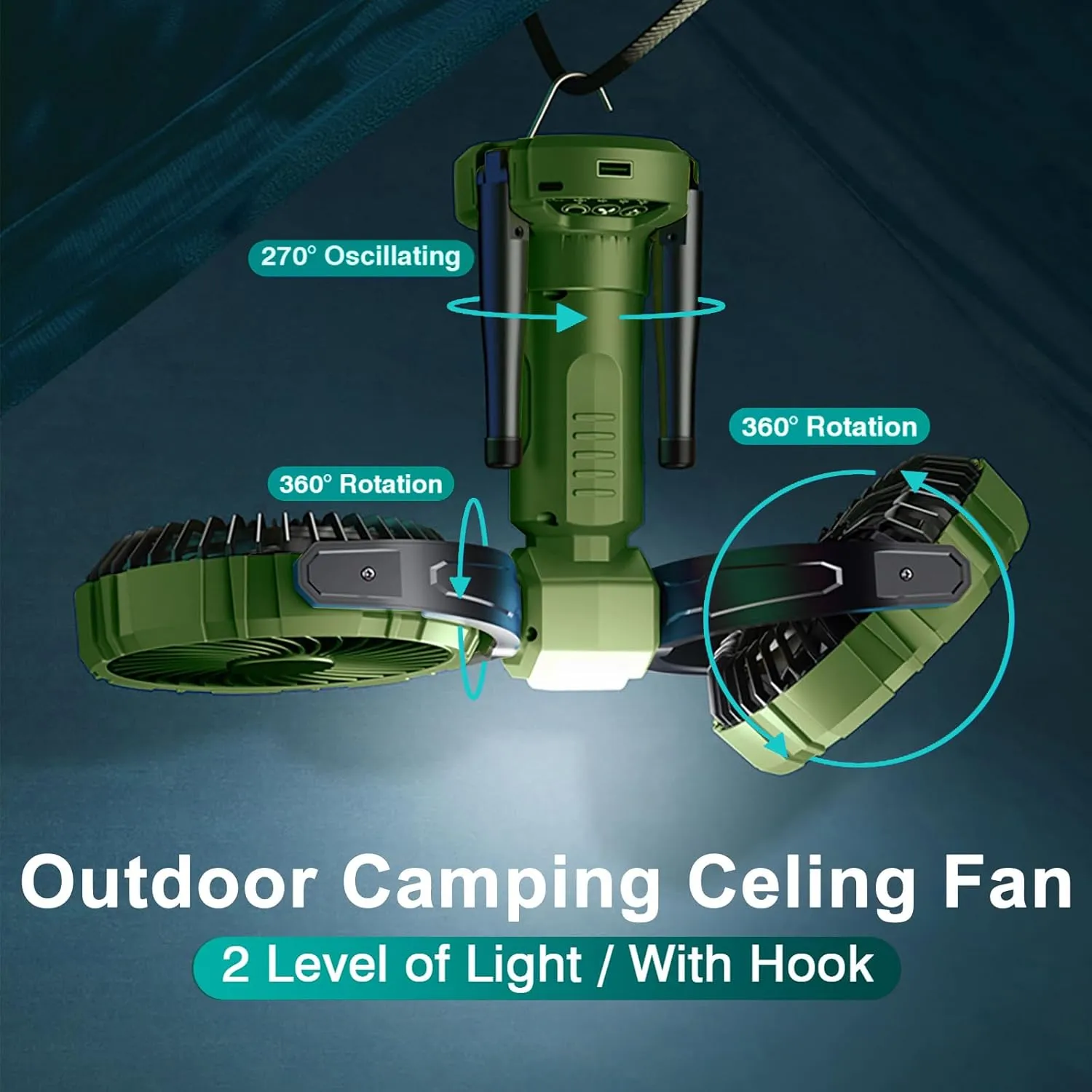 Double Oscillating Fan for Camping With Led Lantern, 10000mAh Rechargeable Multifunctional Camping Tent Fan with Hanging Hook for Outdoor, Tent, Travel, Picnic,Bedroom-Army Green
