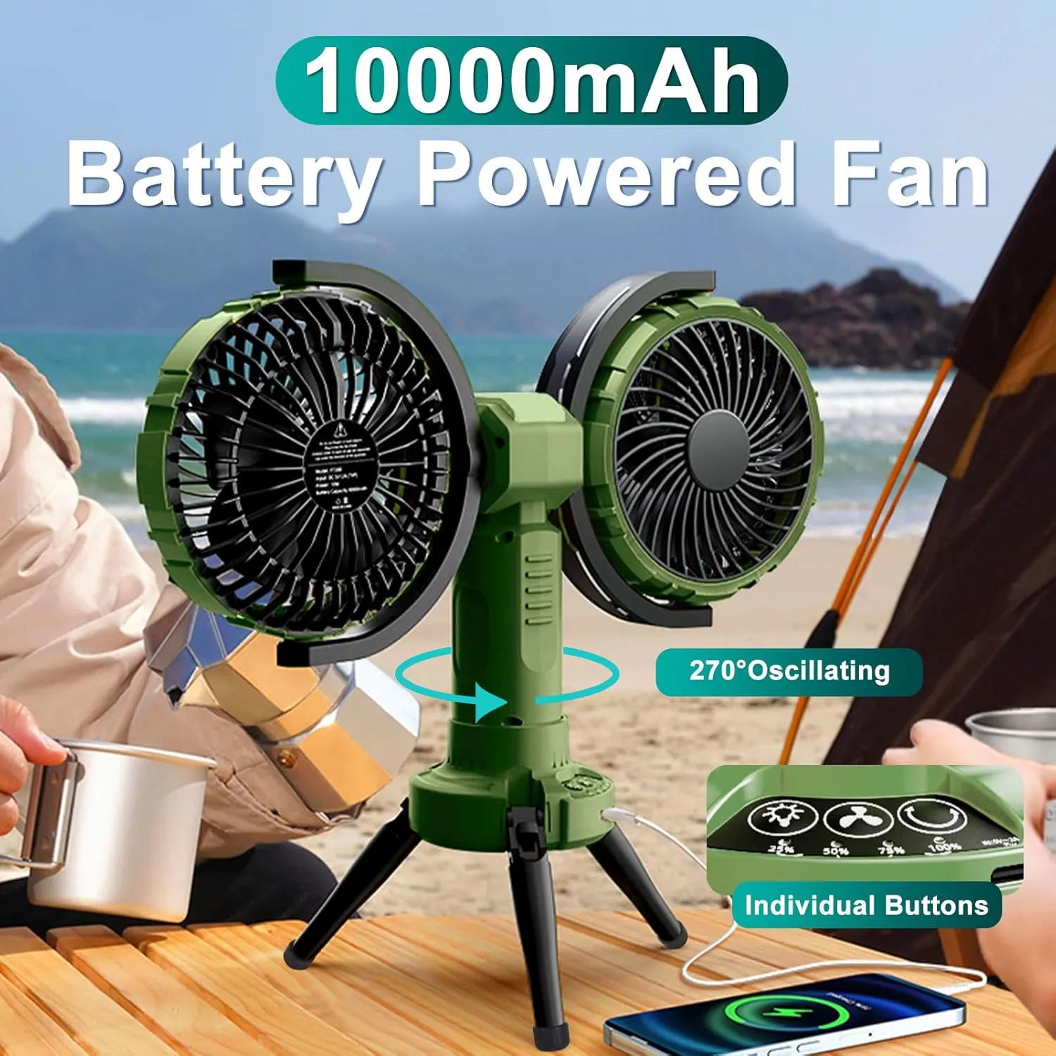 Double Oscillating Fan for Camping With Led Lantern, 10000mAh Rechargeable Multifunctional Camping Tent Fan with Hanging Hook for Outdoor, Tent, Travel, Picnic,Bedroom-Army Green