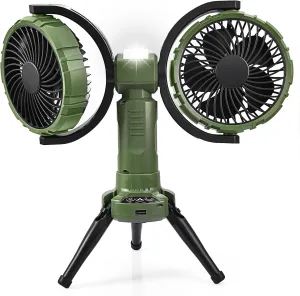 Double Oscillating Fan for Camping With Led Lantern, 10000mAh Rechargeable Multifunctional Camping Tent Fan with Hanging Hook for Outdoor, Tent, Travel, Picnic,Bedroom-Army Green