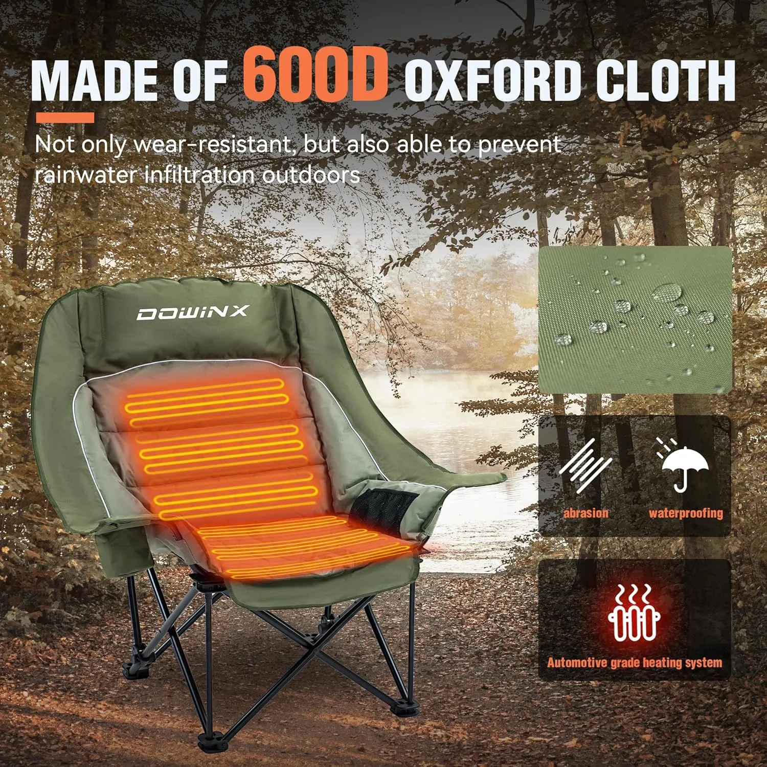 Dowinx Heated Camping Chair for Adults - Oversized Extra Large Folding Chair with Adjustable Padded Seat, Cup Holder, 400 lbs Capacity, Green