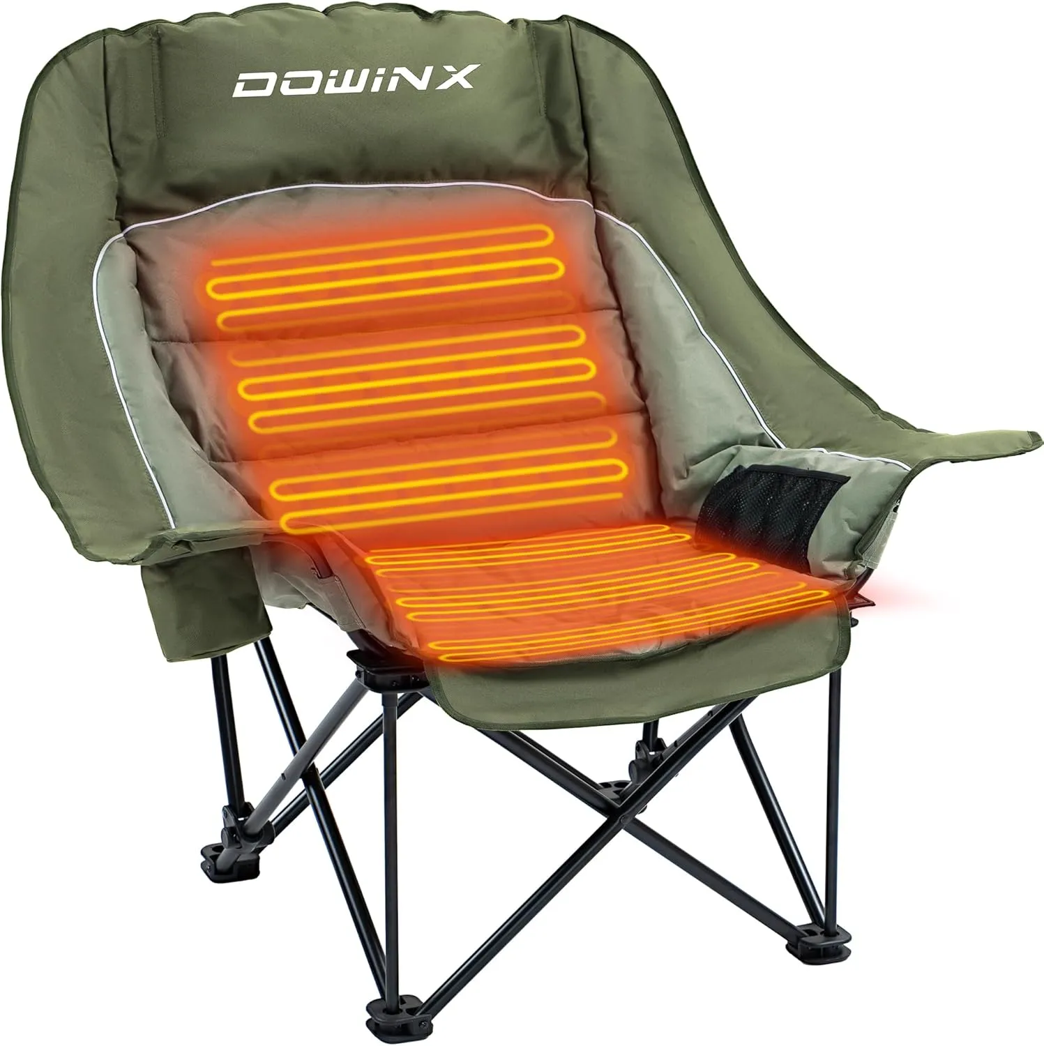 Dowinx Heated Camping Chair for Adults - Oversized Extra Large Folding Chair with Adjustable Padded Seat, Cup Holder, 400 lbs Capacity, Green