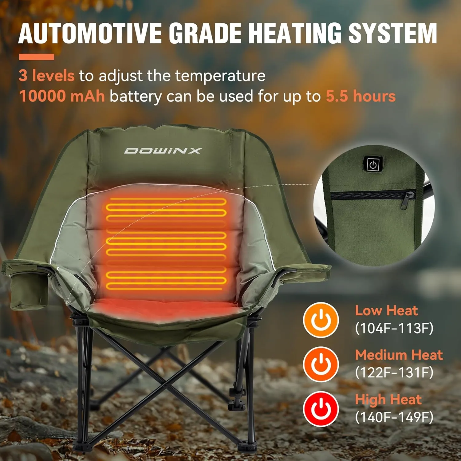 Dowinx Heated Camping Chair for Adults - Oversized Extra Large Folding Chair with Adjustable Padded Seat, Cup Holder, 400 lbs Capacity, Green