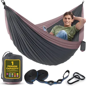 Durable Hammock 400 lb Capacity, Nylon Camping Hammock Chair - Double or Single Sizes w/Tree Straps and Attached Carry Bag - for Travel/Backpacking/Beach/Backyard (Medium, Dark Grey & Dusty Pink)