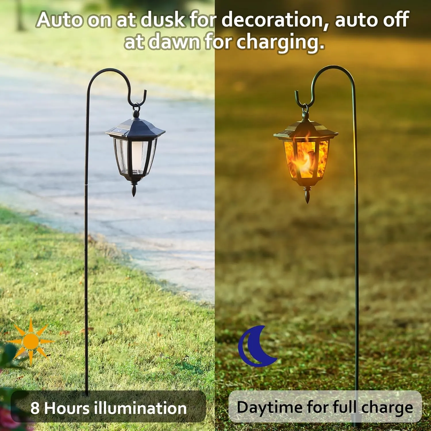 Dynaming 2 Pack Solar Flame Hanging Lights Outdoor, Solar Flickering Flame LED Garden Lanterns with 2 x 38 Inch Shepherd Hooks, Landscape Lighting Waterproof for Lawn Patio Yard Pathway Driveway