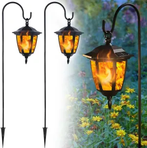 Dynaming 2 Pack Solar Flame Hanging Lights Outdoor, Solar Flickering Flame LED Garden Lanterns with 2 x 38 Inch Shepherd Hooks, Landscape Lighting Waterproof for Lawn Patio Yard Pathway Driveway