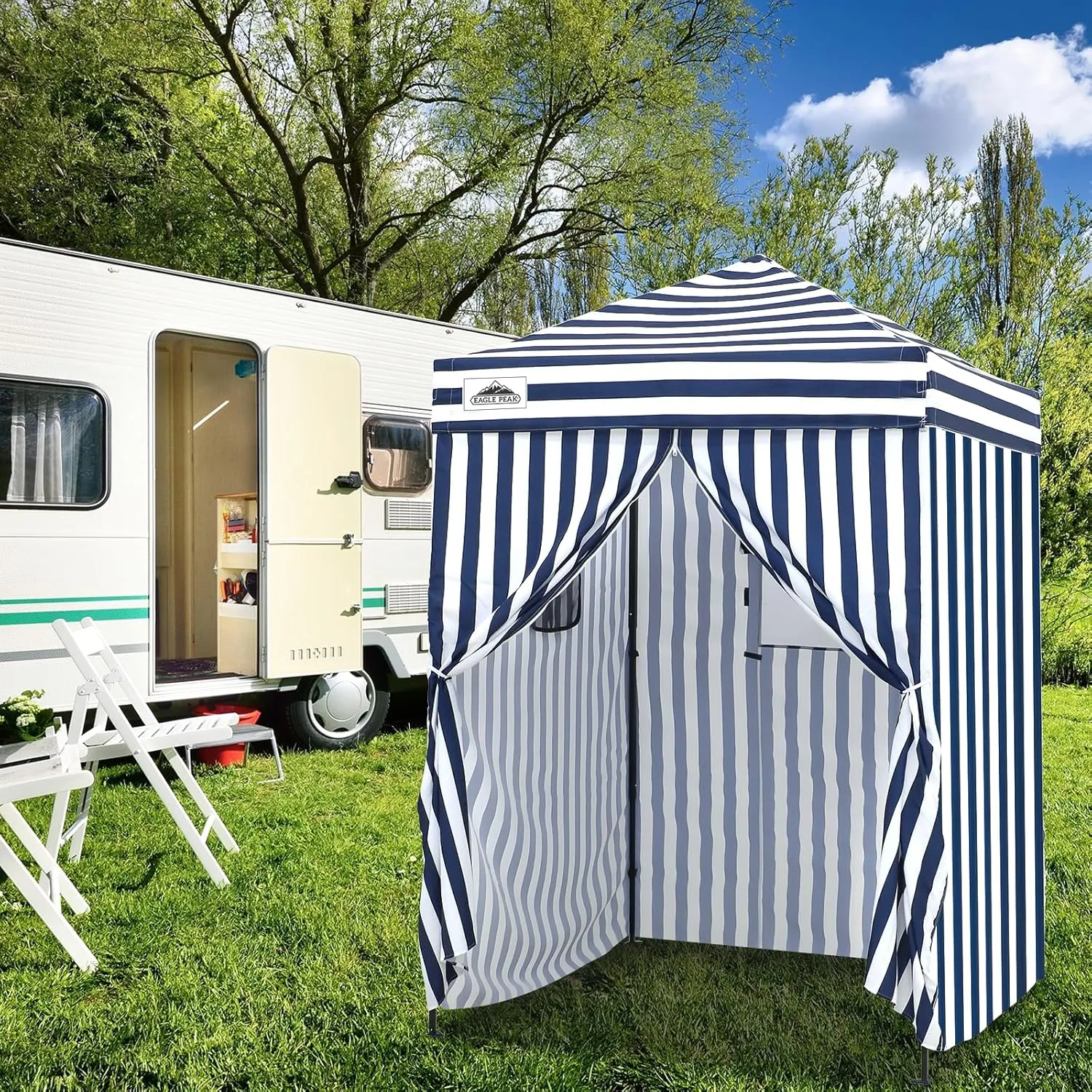 EAGLE PEAK EAGLE PEAK Flex Ultra Compact Pop-up Canopy, Sun Shelter, Changing Room, Portable Privacy Canopy Cabana, 5x5ft Canopy Tent, for Pool, Fashion Photoshoots, or Camping White/Blue