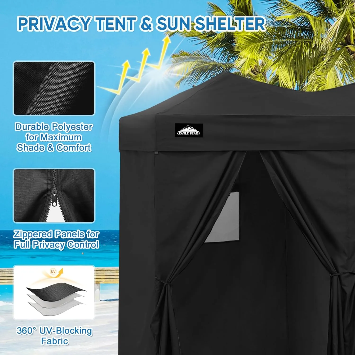 EAGLE PEAK Outdoor Changing Room 8x4, 2 Room Pop Up Portable Changing Room, Sun Shelter, Pop Up Changing Tent for Beach or Pool, Portable Dressing Room for Photoshoots (Black)
