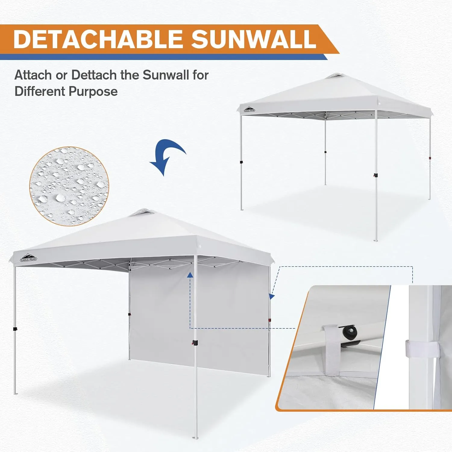 EAGLE PEAK Pop Up Canopy Tent with 1 Sidewall, Easy Setup Event Tent, Outdoor Sun Shade, Wheeled Carry Bag, Stakes and Guy Ropes, Instant Canopy 10x10, White