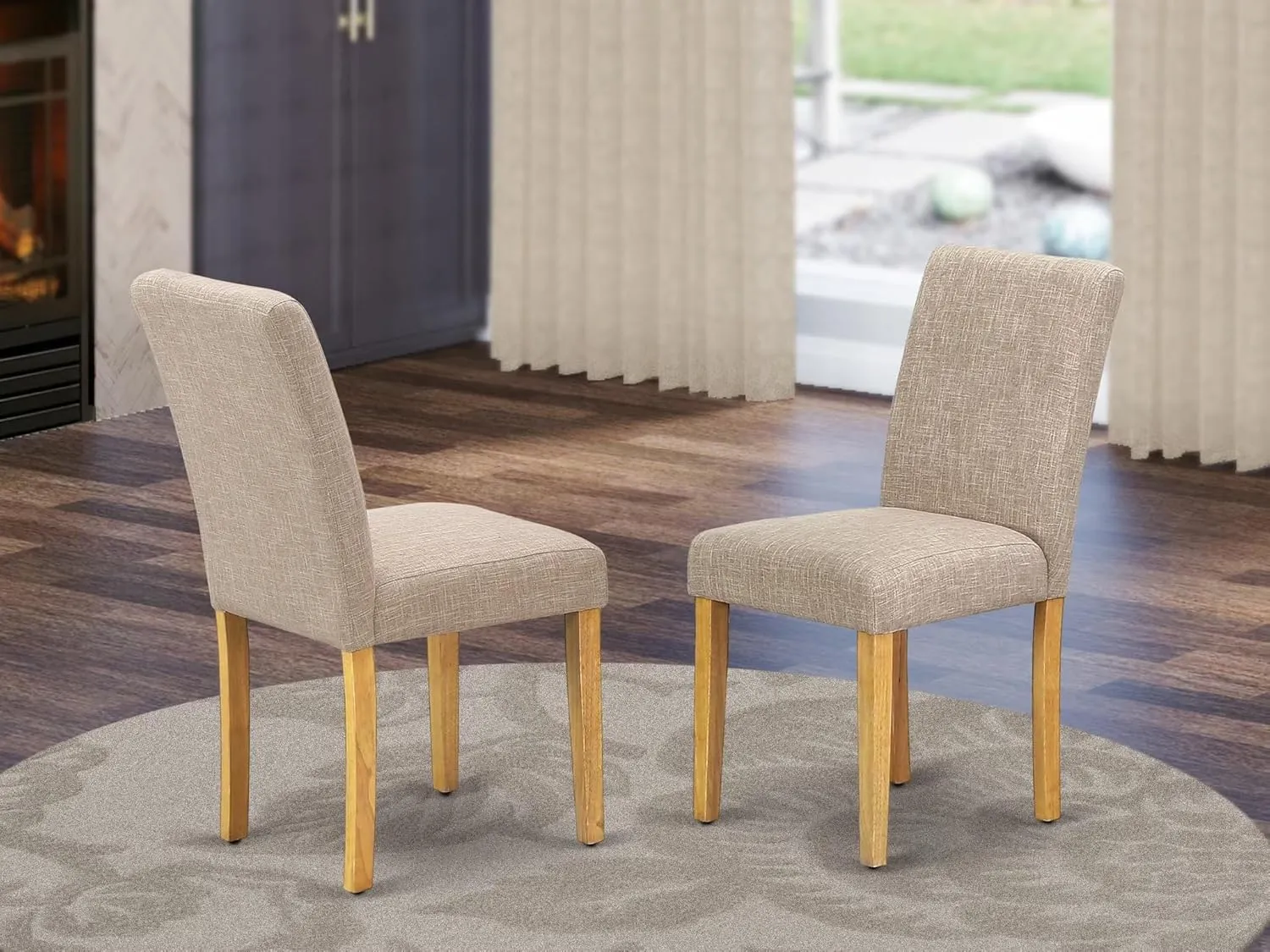 East West Furniture ABP4T04 Abbott Parson Dining Chairs - Light Tan Linen Fabric Padded Dinette Chairs, Set of 2, Oak
