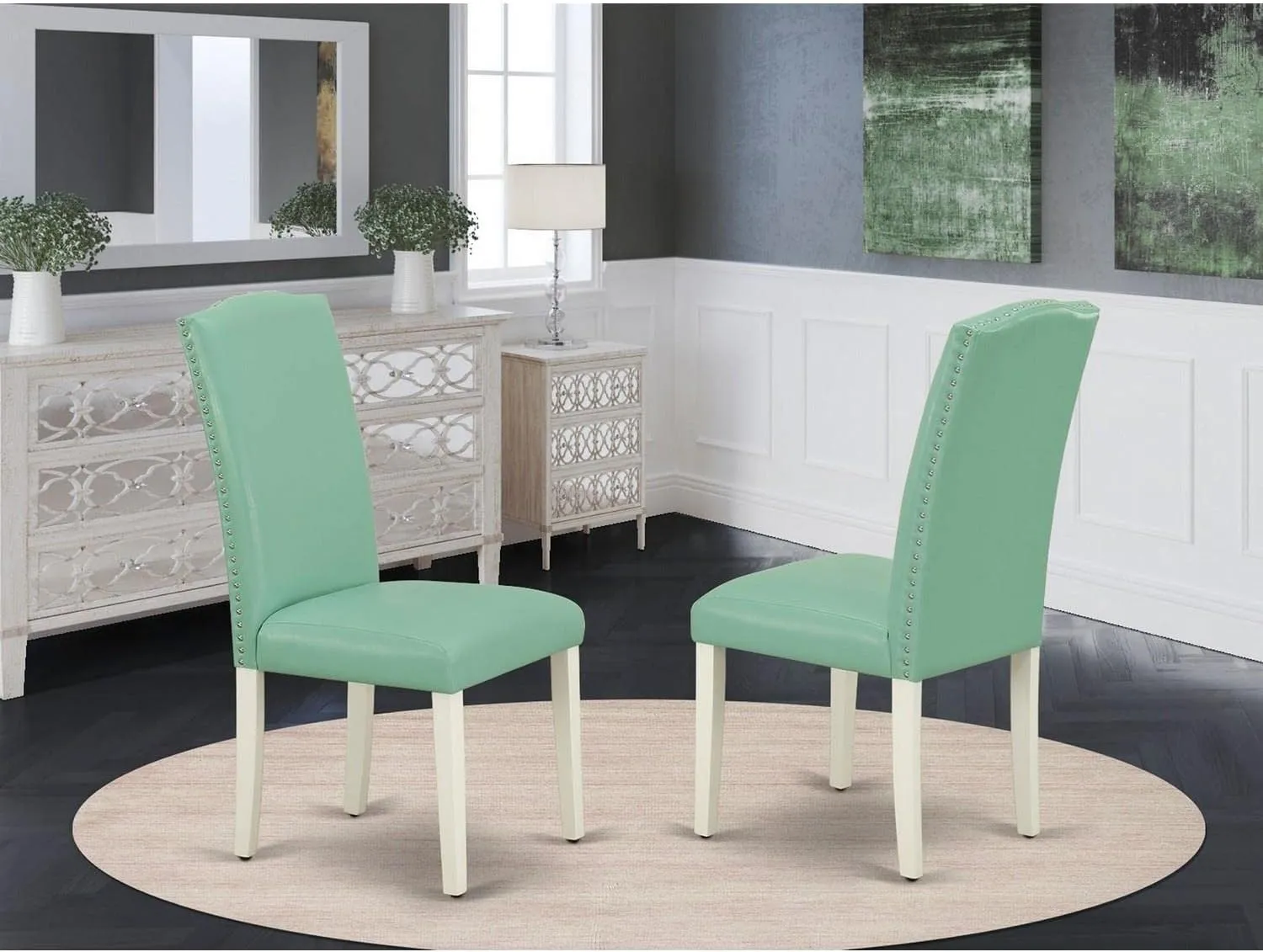 East West Furniture ENP2T57 Encinal Parson Kitchen Chairs - Nailhead Trim Pond Faux Leather Padded Dining Chairs, Set of 2, Linen White