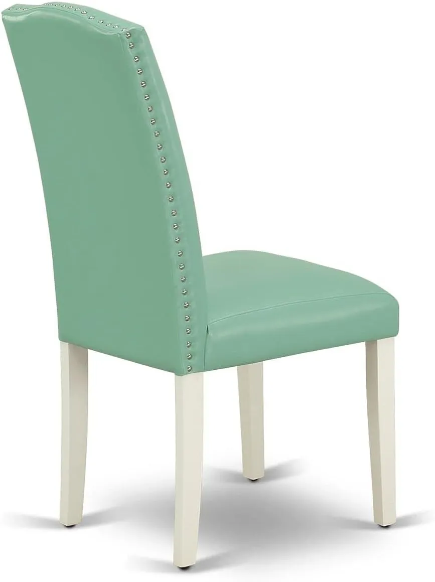 East West Furniture ENP2T57 Encinal Parson Kitchen Chairs - Nailhead Trim Pond Faux Leather Padded Dining Chairs, Set of 2, Linen White