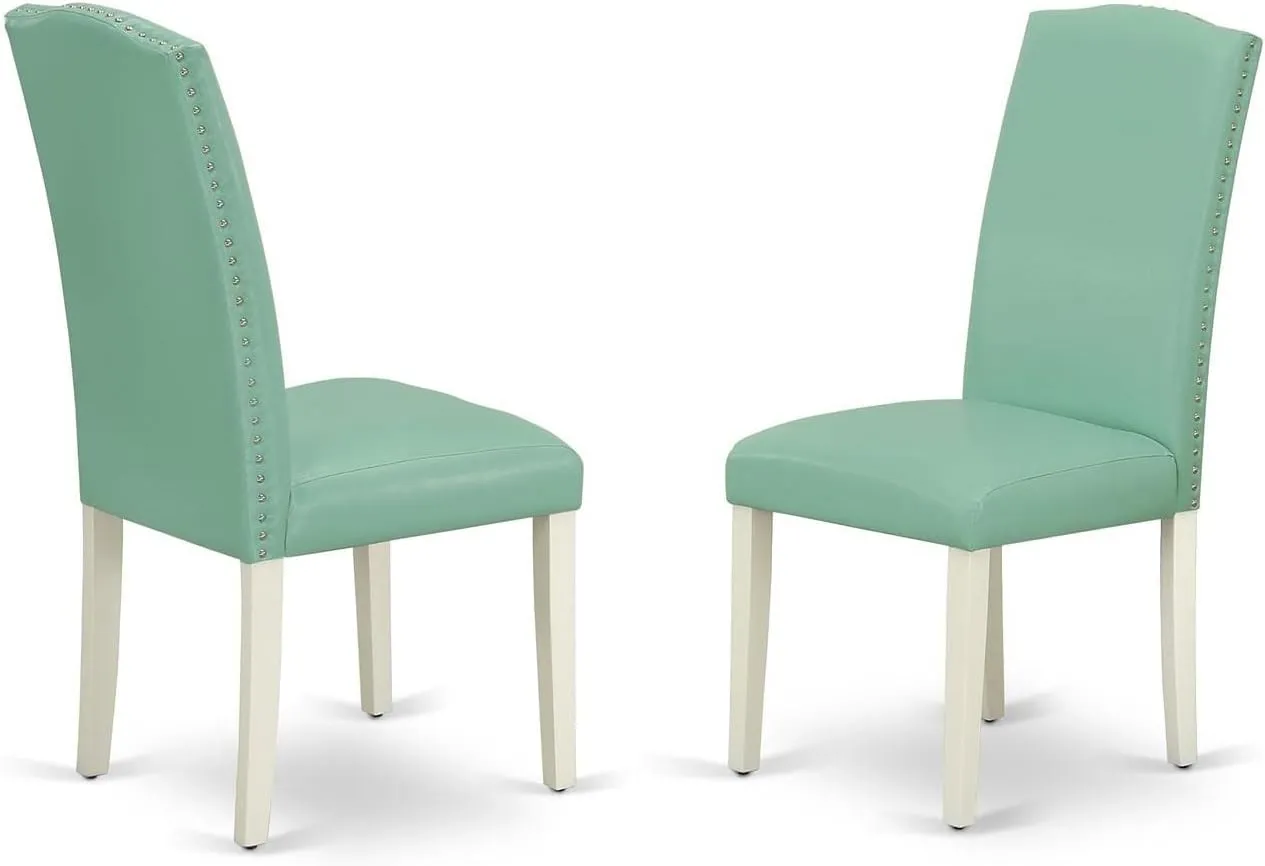East West Furniture ENP2T57 Encinal Parson Kitchen Chairs - Nailhead Trim Pond Faux Leather Padded Dining Chairs, Set of 2, Linen White