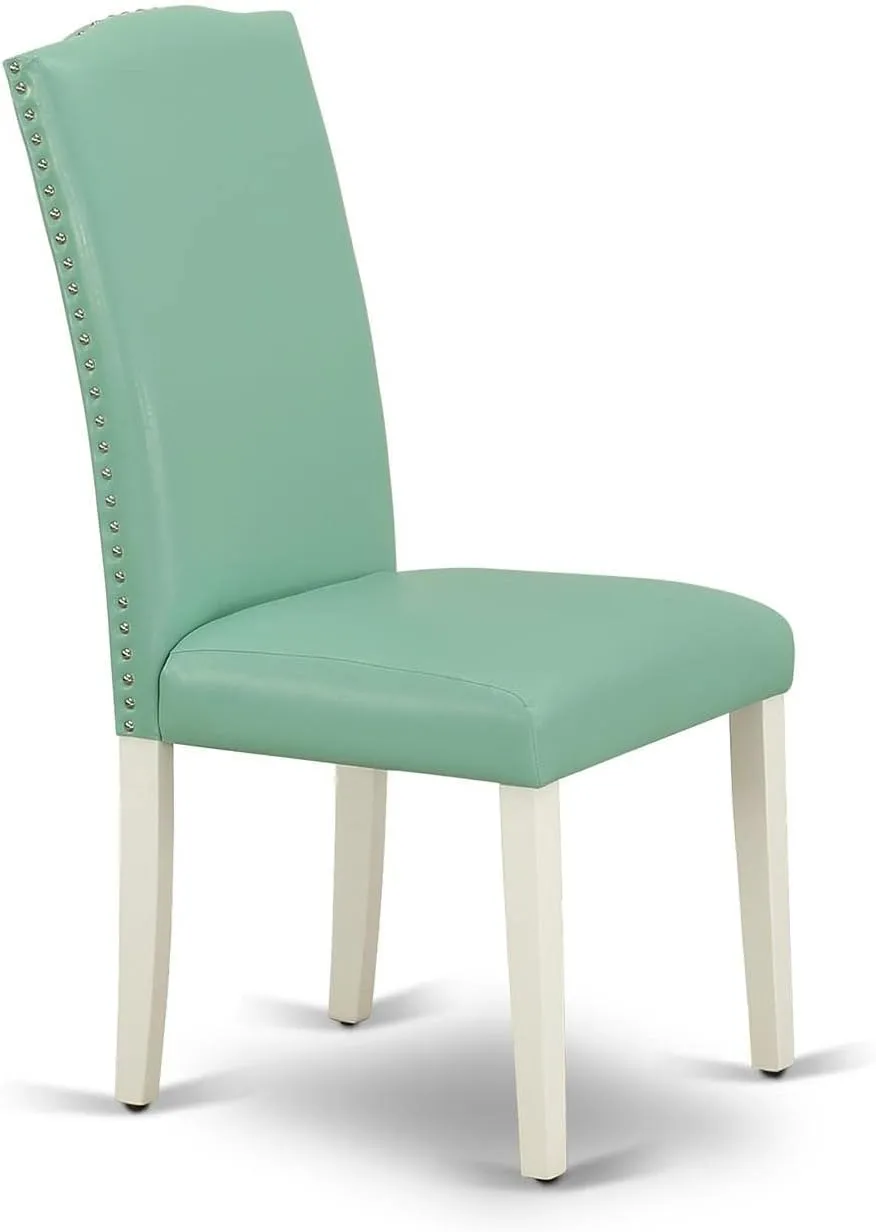 East West Furniture ENP2T57 Encinal Parson Kitchen Chairs - Nailhead Trim Pond Faux Leather Padded Dining Chairs, Set of 2, Linen White