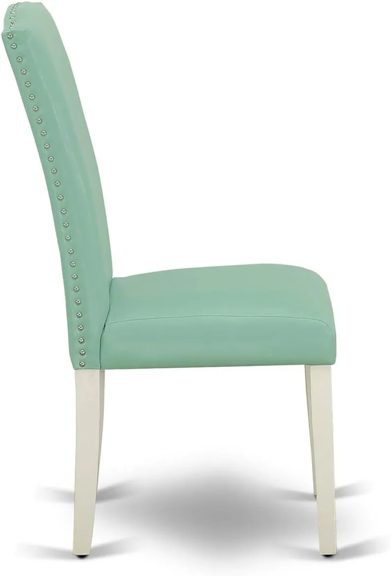 East West Furniture ENP2T57 Encinal Parson Kitchen Chairs - Nailhead Trim Pond Faux Leather Padded Dining Chairs, Set of 2, Linen White
